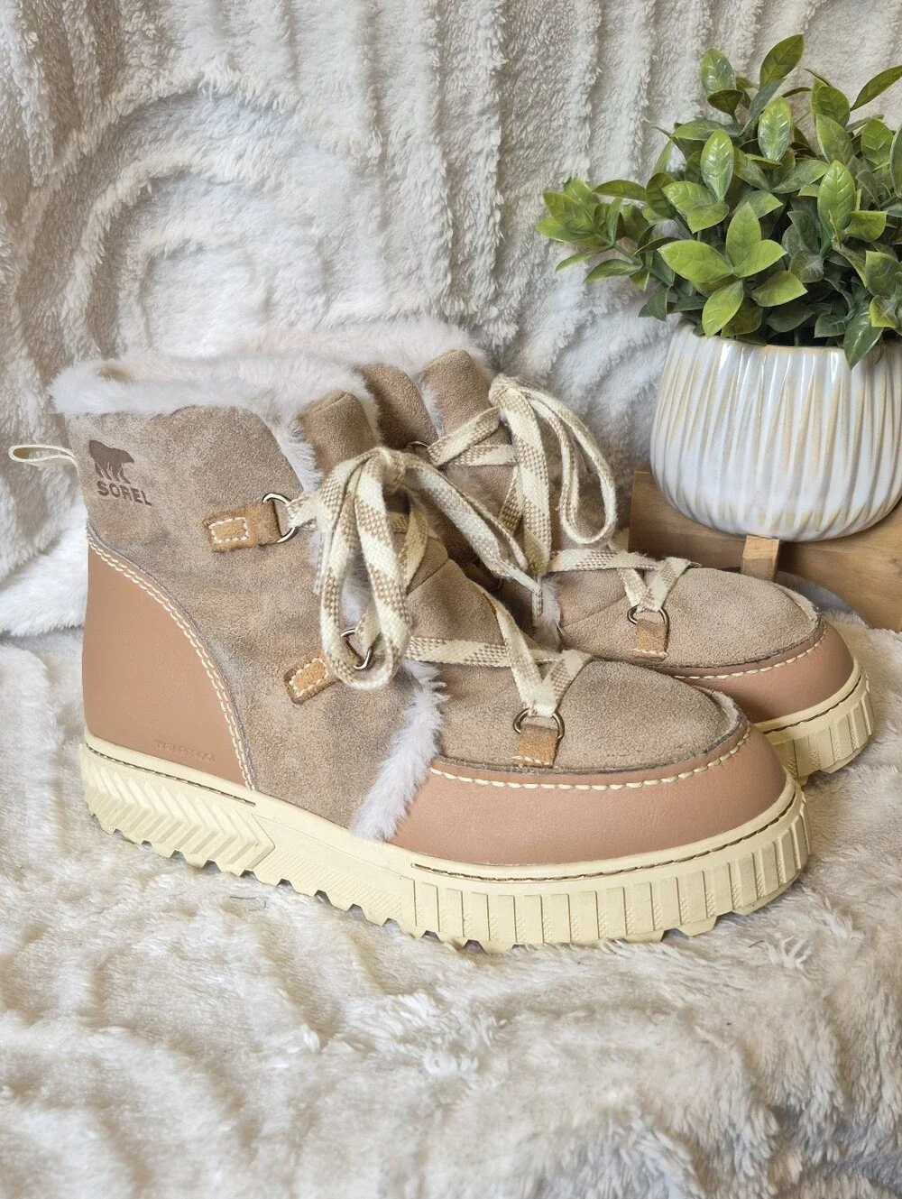Sorel Ona Ave Alpine Lace-up Boots Faux Fur Lined Tan Waterproof Leather Sz 10.5